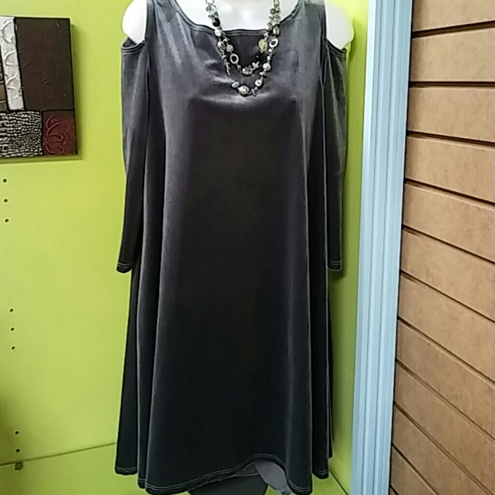 Charcoal Grey Cold Shoulder Velvet look Dress